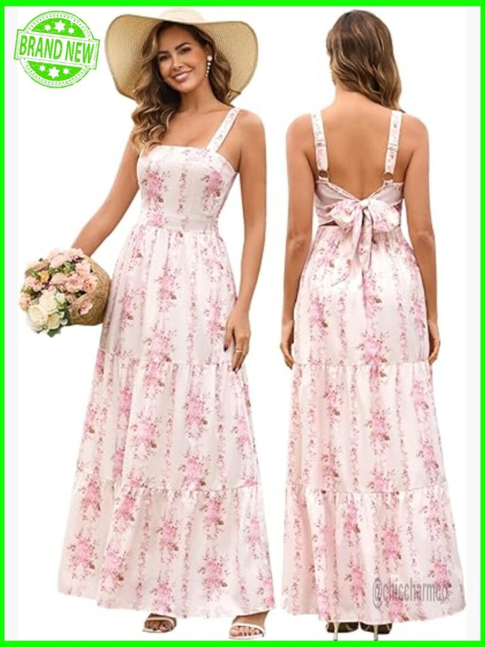 Women's Square Neck Maxi Dress with Back Bow Tie Flowy Boho Vacation